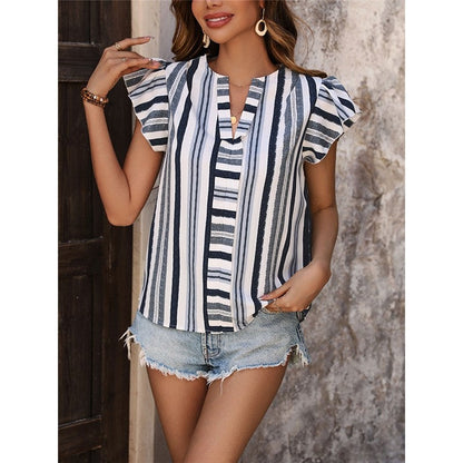 Contrast Striped Patchwork Ruffle Sleeve Pullover Shirt