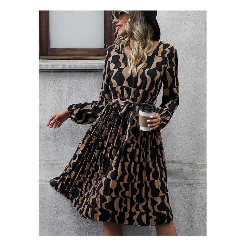Contrast Color Printing Long Sleeves V-Neck Waist Tied A-Line Midi Dress