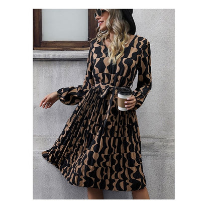 Contrast Color Printing Long Sleeves V-Neck Waist Tied A-Line Midi Dress