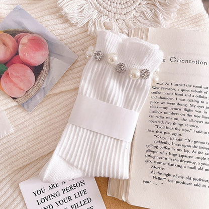 Rhinestone Pearl Solid Color Sweet Socks