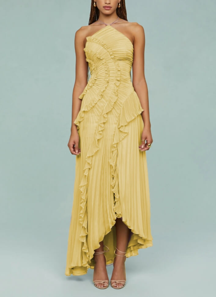 Flounce Pleated Halter Irregular Midi Dress