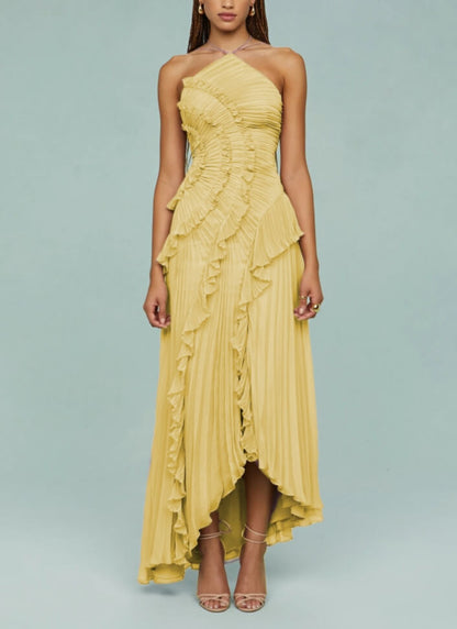 Flounce Pleated Halter Irregular Midi Dress