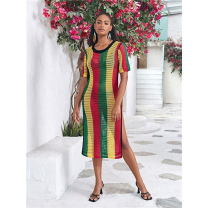 Short-Sleeve Round-Neck Knit Striped Split-Side Cover-Up