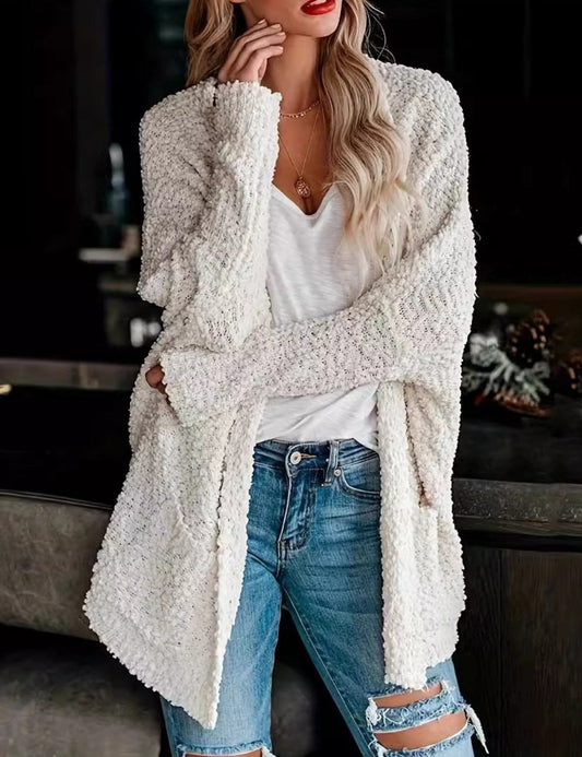 Solid Color Open Front Cozy Long Cardigan