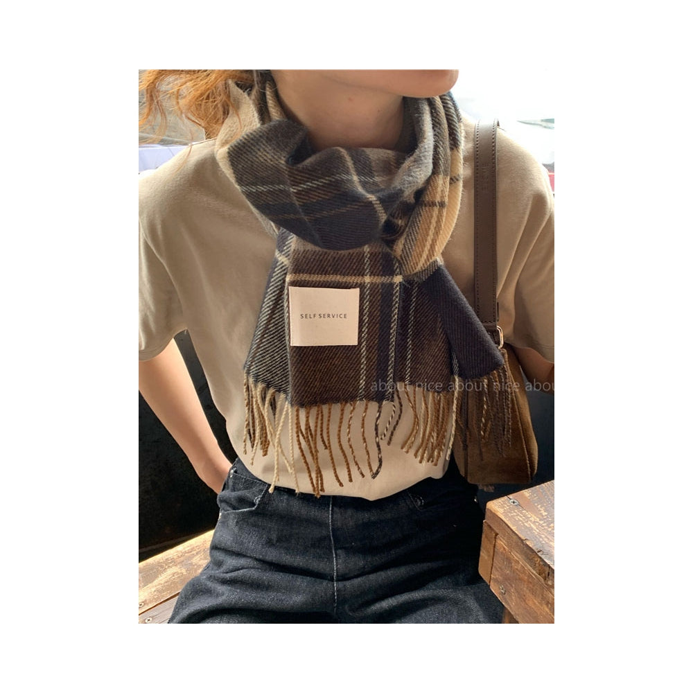 Stylish Plaid Tasseled Split-Joint Simple Scarf