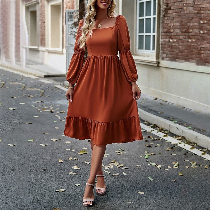 Solid Color Square Neck Ruffle Skirt Waisted Long-Sleeved Dress