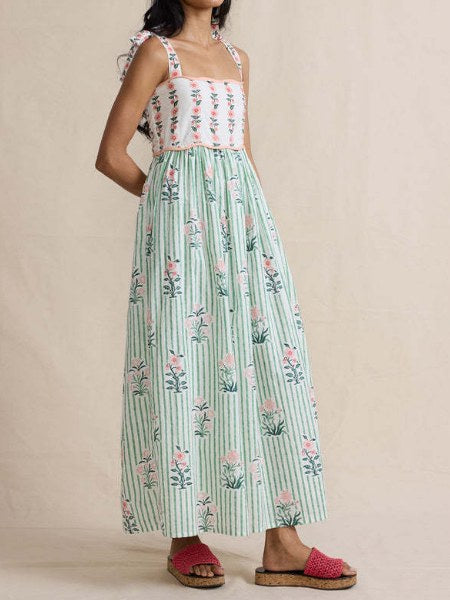 Floral Bow String Splicing Maxi Dress