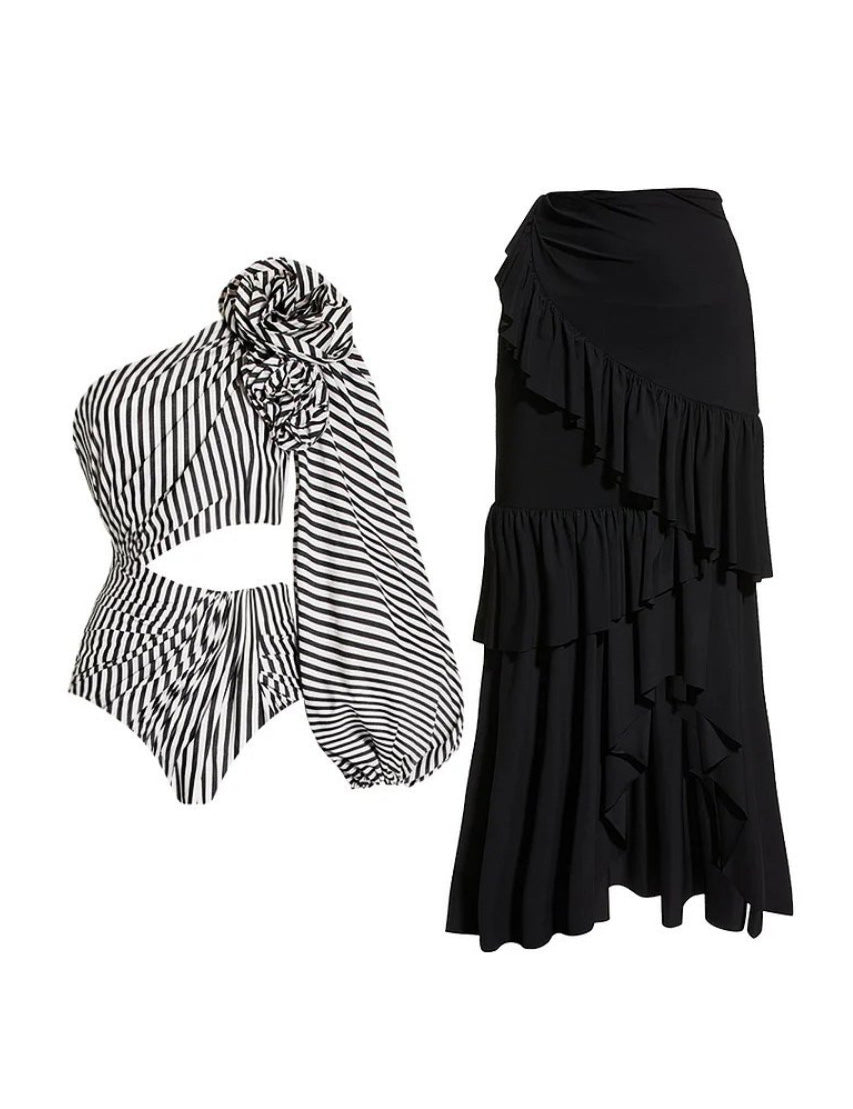 Striped Flower Swimwear With Reffle Cover