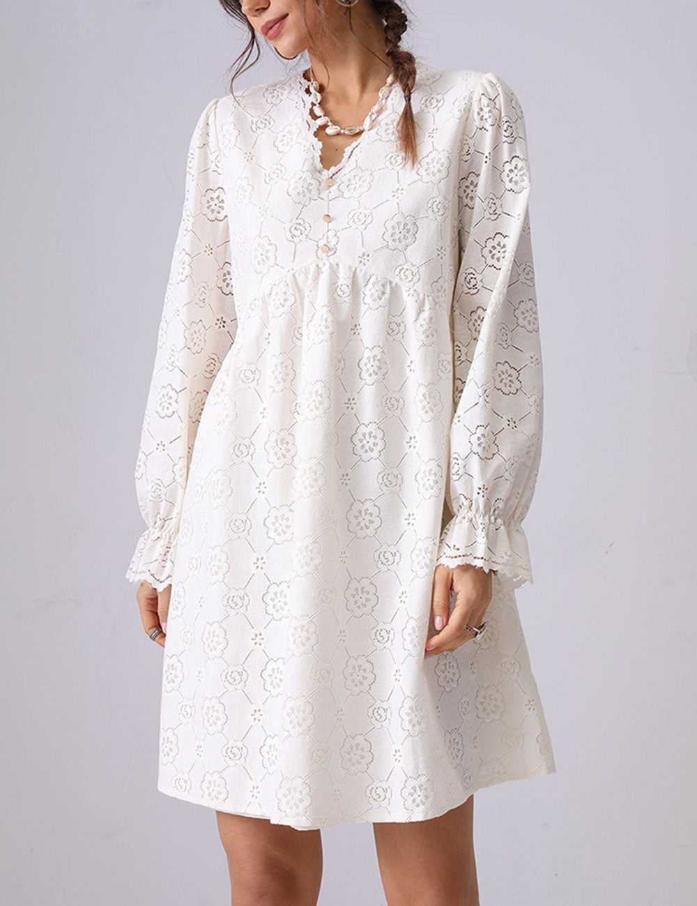 Hollow Lace Ruffle V-Neck Mini Dress