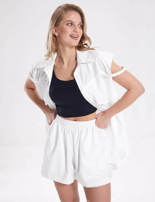 Sleevesless Botton Shirts Shorts Sets