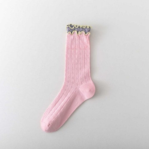 Ruffle Color Block Thin Ribbed Socks