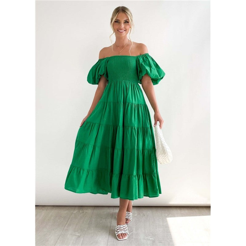 Boat Neck Puff Sleeve Elastic Waist A-Line Long Dress