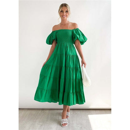 Boat Neck Puff Sleeve Elastic Waist A-Line Long Dress