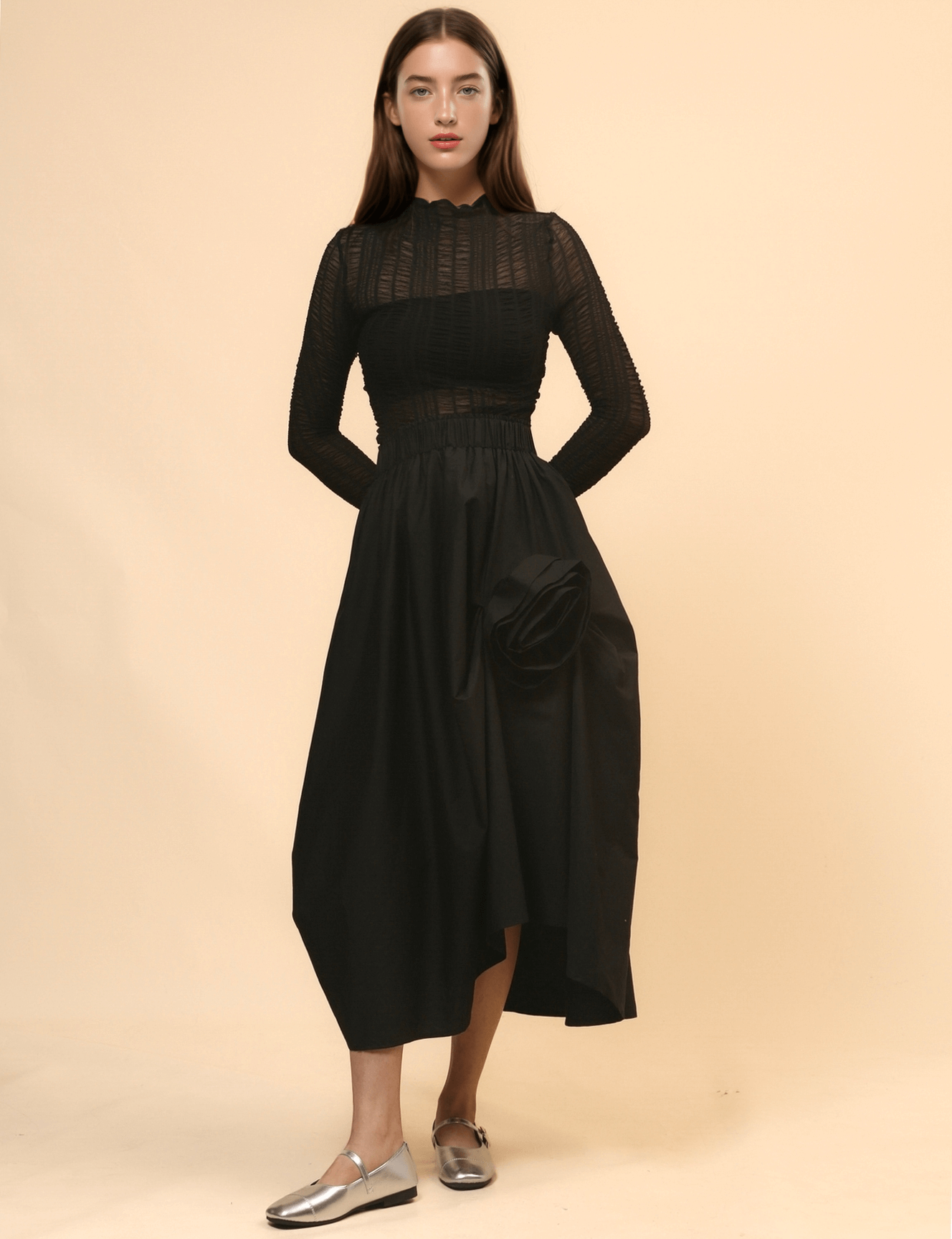 Irregular Hem Flower Decoration Midi Skirt