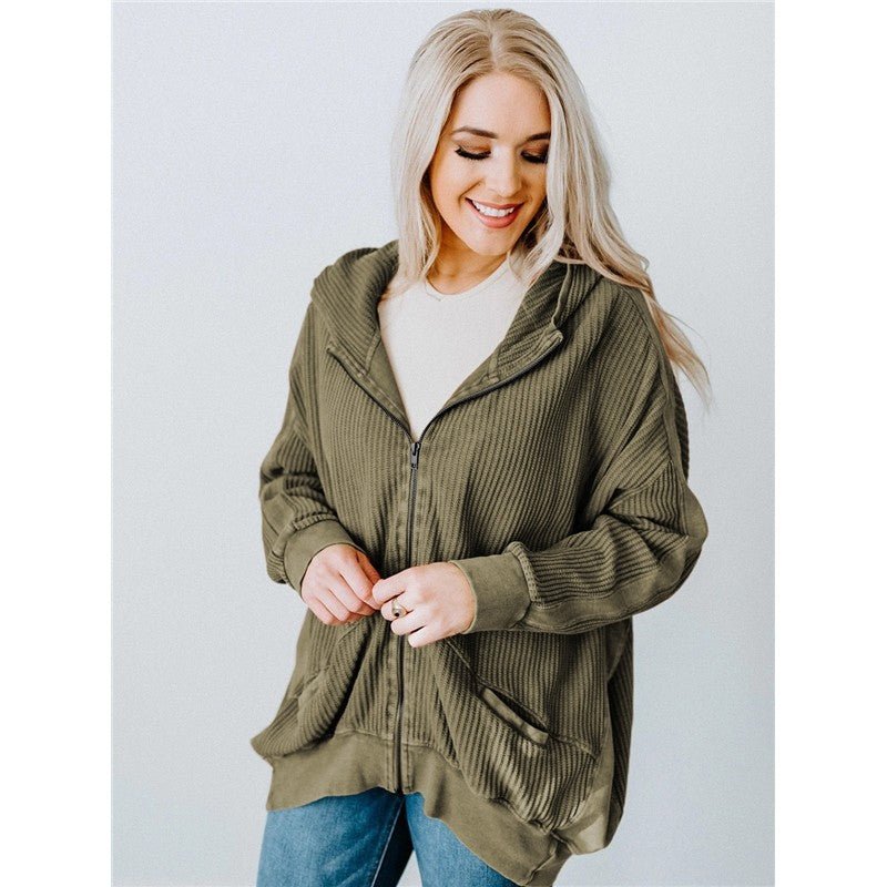 Women's Solid Zip Waffle Design Hoodie Sweatshirt