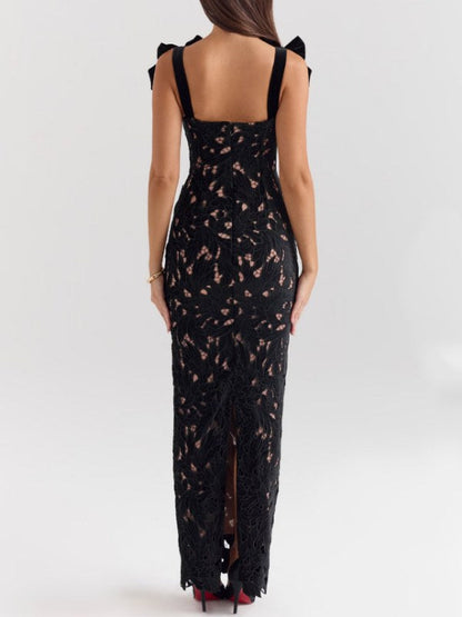 Bow Hollow Wrap Split Maxi Dress