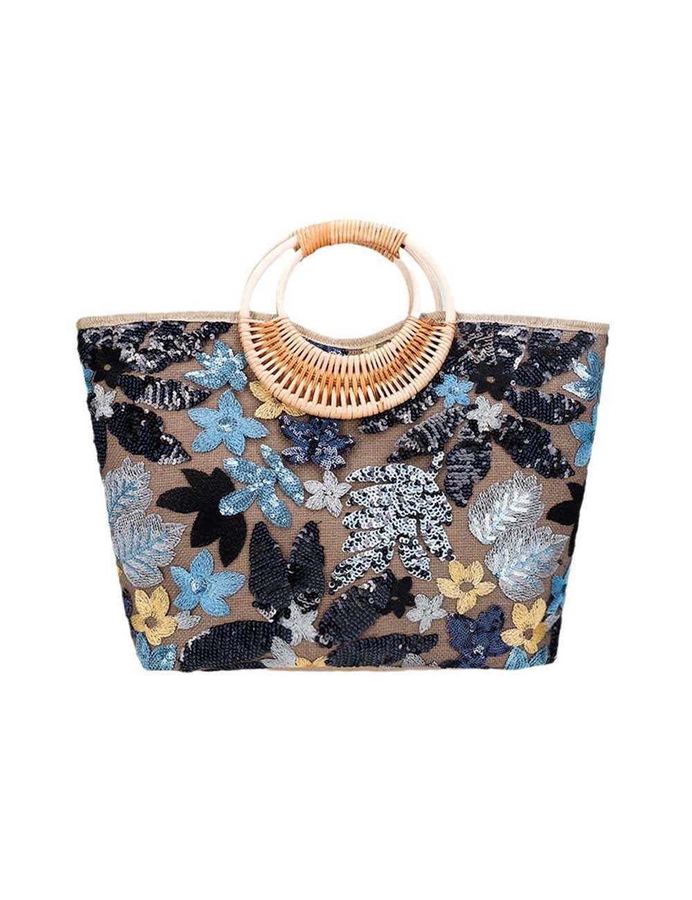 Elegant Sequin Embroidered Woven Tote Bag