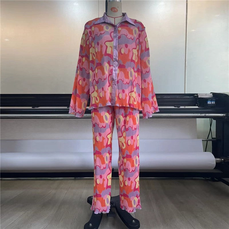 Printed Pleated Long Sleeve Long Pants Set