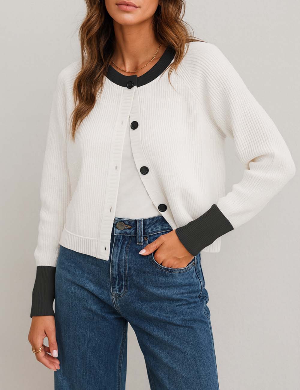 Contrast Color Button Knit Cardigan