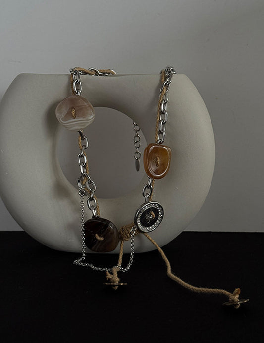 Punk Style Button Braided Rope Tassel Necklace