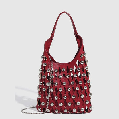 Hollow Out Rivet Chain Shoulder Bucket Bag