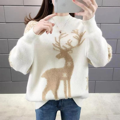 Deer Jacquette Round Neck Knit Sweater