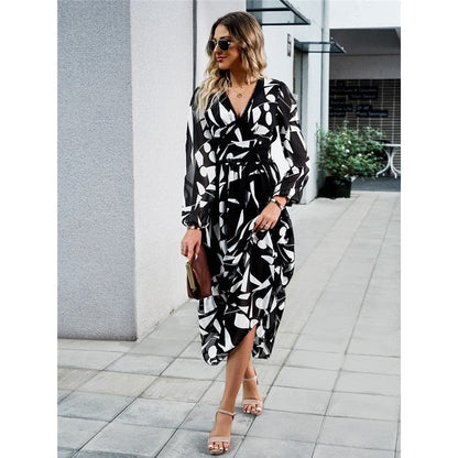 Casual Irregular Color Block Printed V-Neck Long-Sleeved Dress