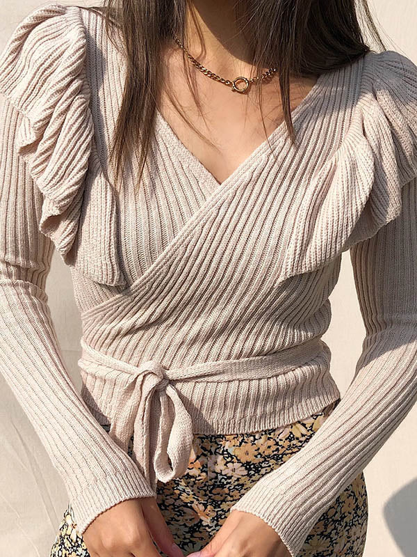 Falbala Lace-Up Long Sleeves Sweater Tops