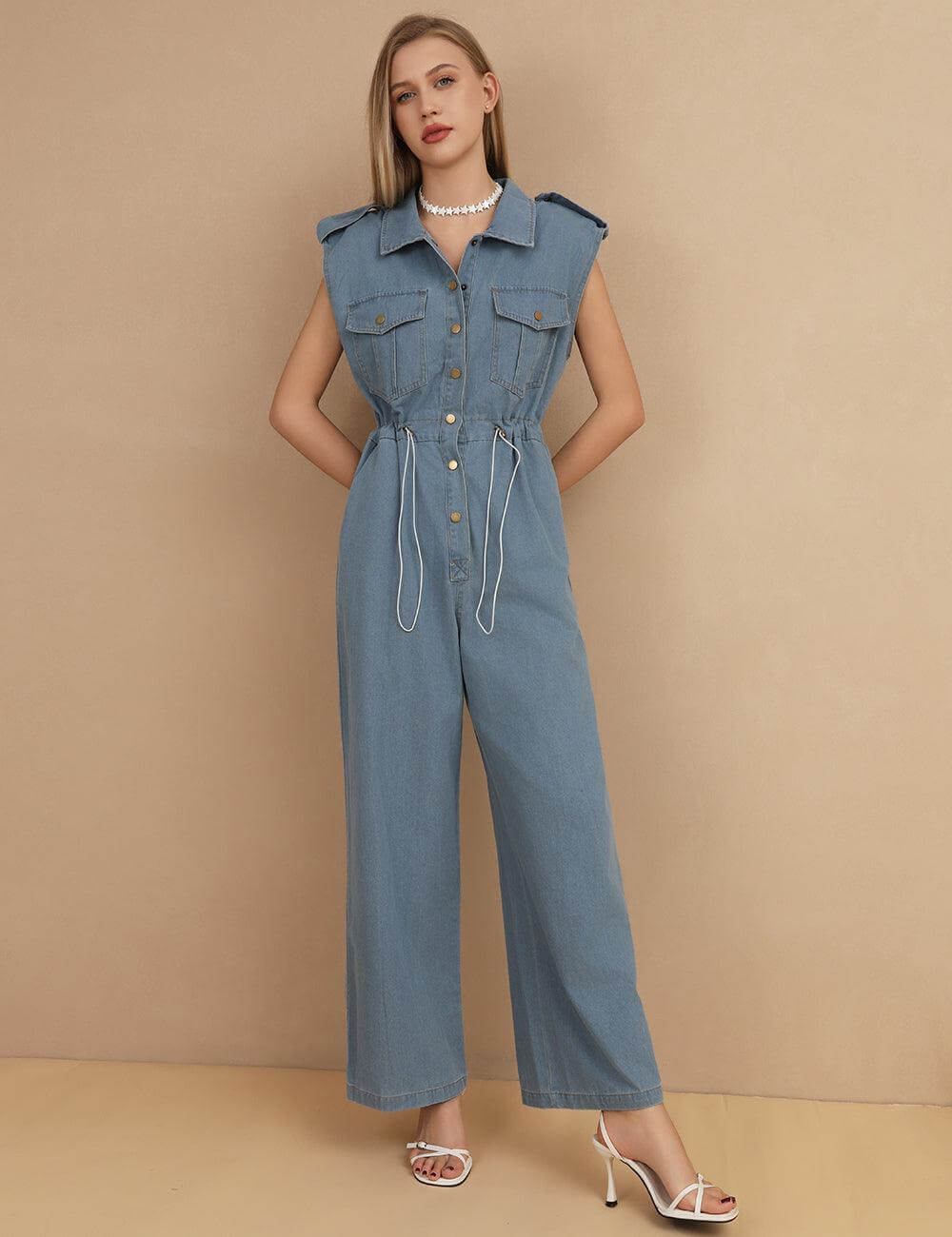 Lapel Sleeveless Demin Jumpsuitd