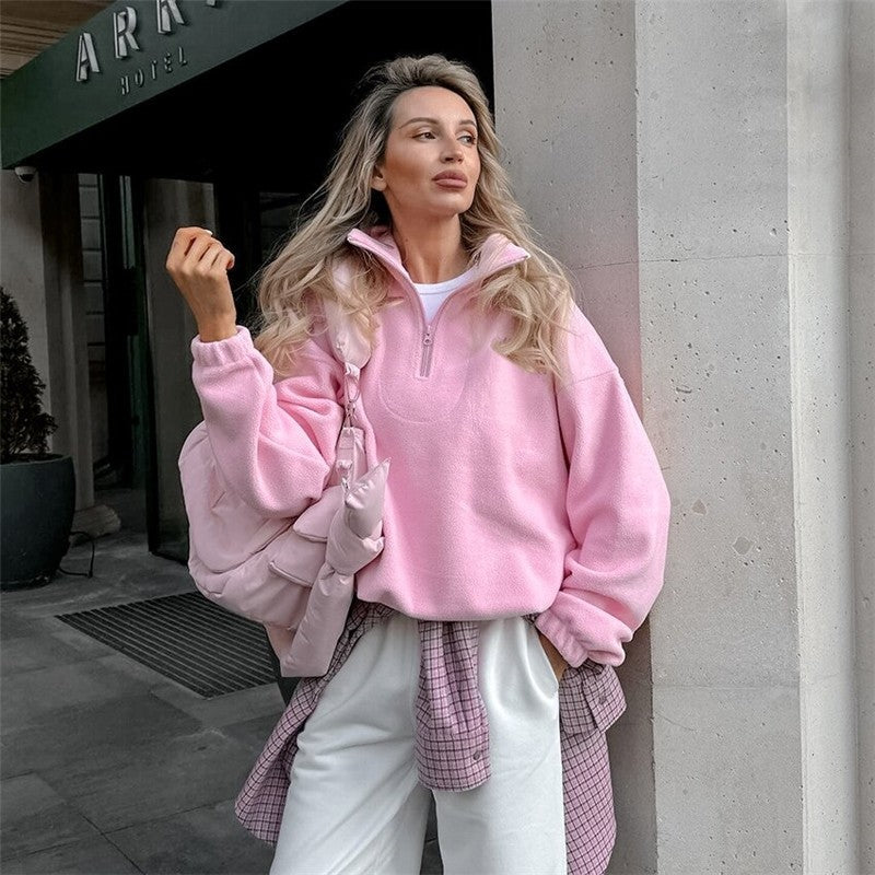 Cozy Oversized Fleece Pullover With Lapel Collar