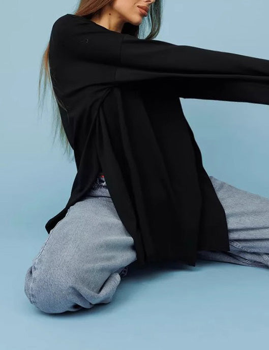 Solid Color Loose Side Split Knit Tops