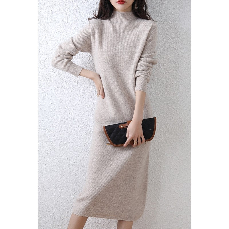 Elegant Ribbed Knit Semi High Neck Solid Long Dress