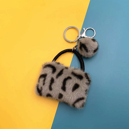 Furry Leopard Print Bag Keychain