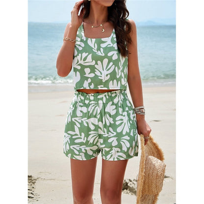 Printing Sleeveless Square Neck Tank Top And Elastic Waist Shorts Two Pieces Suits