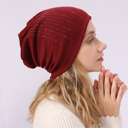 Solid Color Rhinestone Double Layer Beanie
