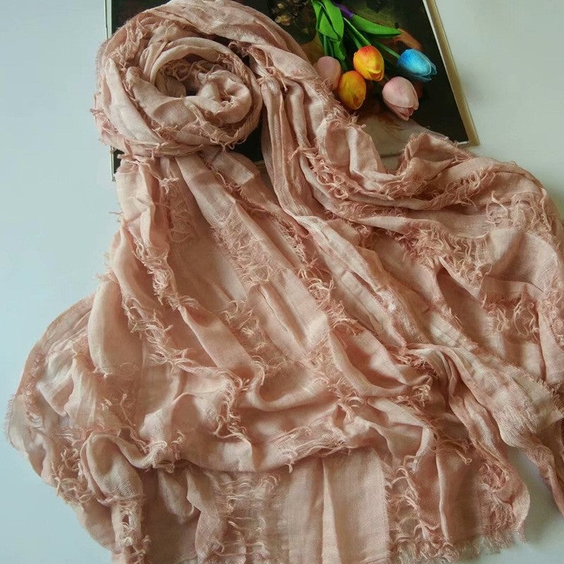 Solid Tassels Hole Cotton Blend Scarf