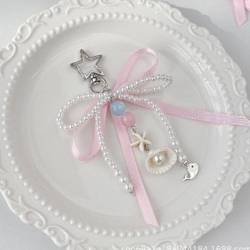 Elegant Pink Bow Pearl Keychain Bag Charm