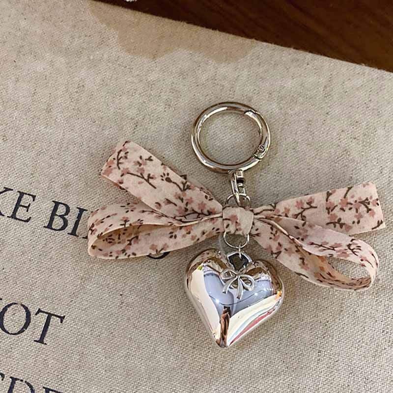 Elegant Floral Print Bow Heart Keychain Charms