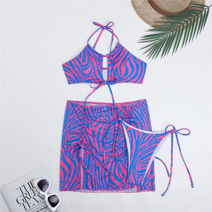 Striped Split Three-Piece Printed Bikini Swimsuit