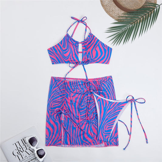 Striped Split Three-Piece Printed Bikini Swimsuit