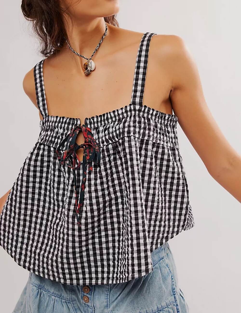Ruffle Sleeveless String Plaid Tank Tops