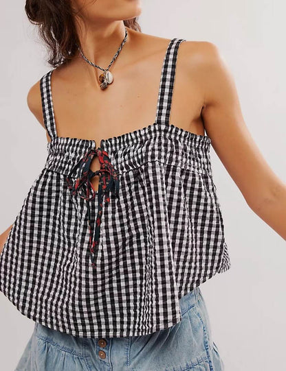 Ruffle Sleeveless String Plaid Tank Tops