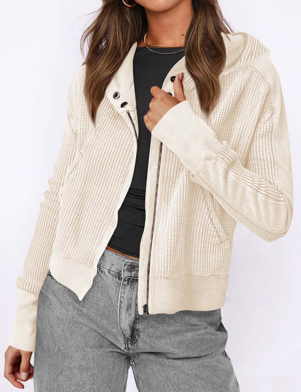 Casual Solid Color Zip Up Cropped Hoodie