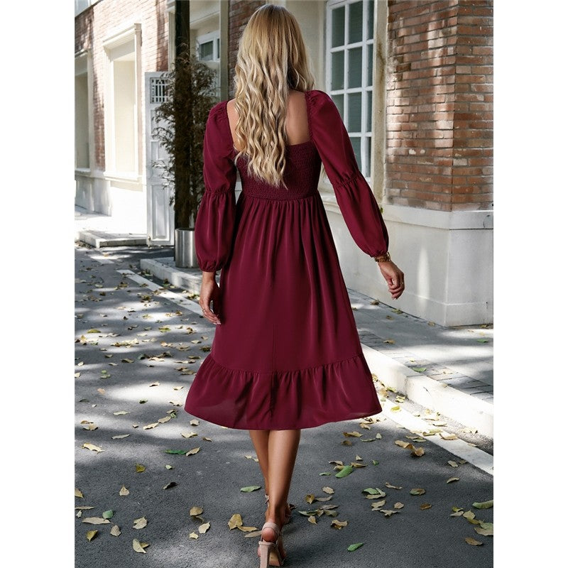 Solid Color Square Neck Ruffle Skirt Waisted Long-Sleeved Dress