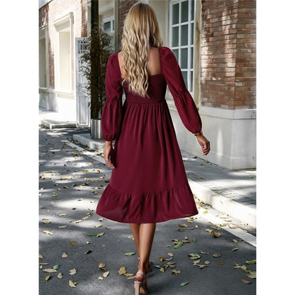 Solid Color Square Neck Ruffle Skirt Waisted Long-Sleeved Dress