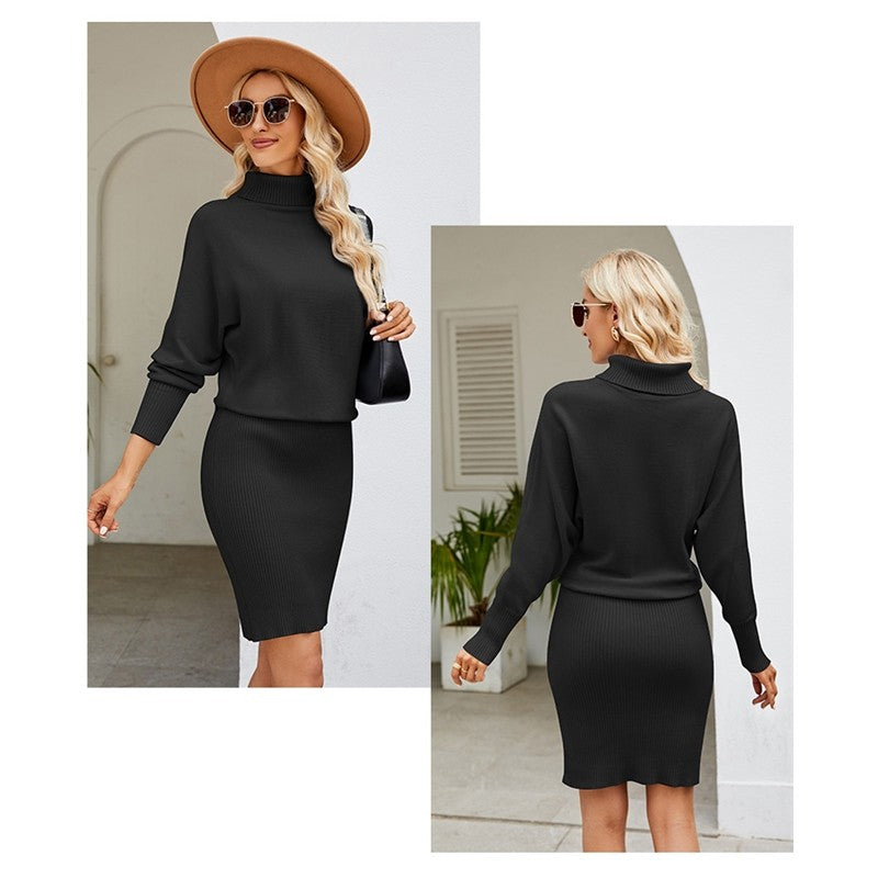 Solid Color Long Sleeves High Neck Knitted Bodycon Dress