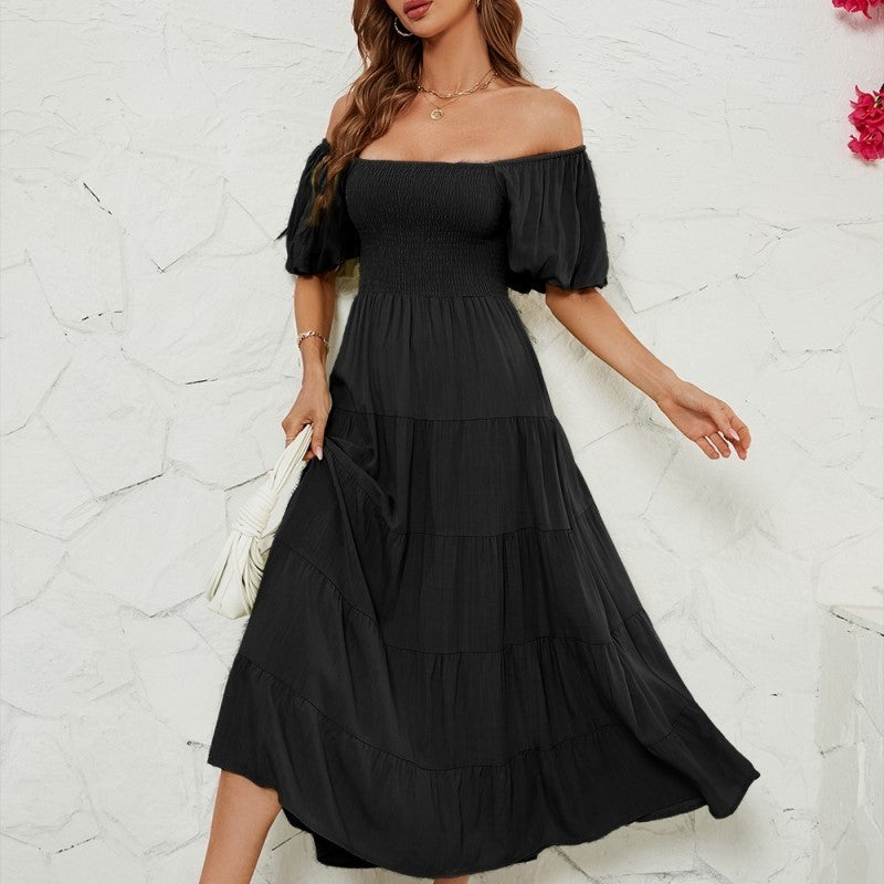 Solid-Waist Wrap Up Dress With High Bubble Sleeves