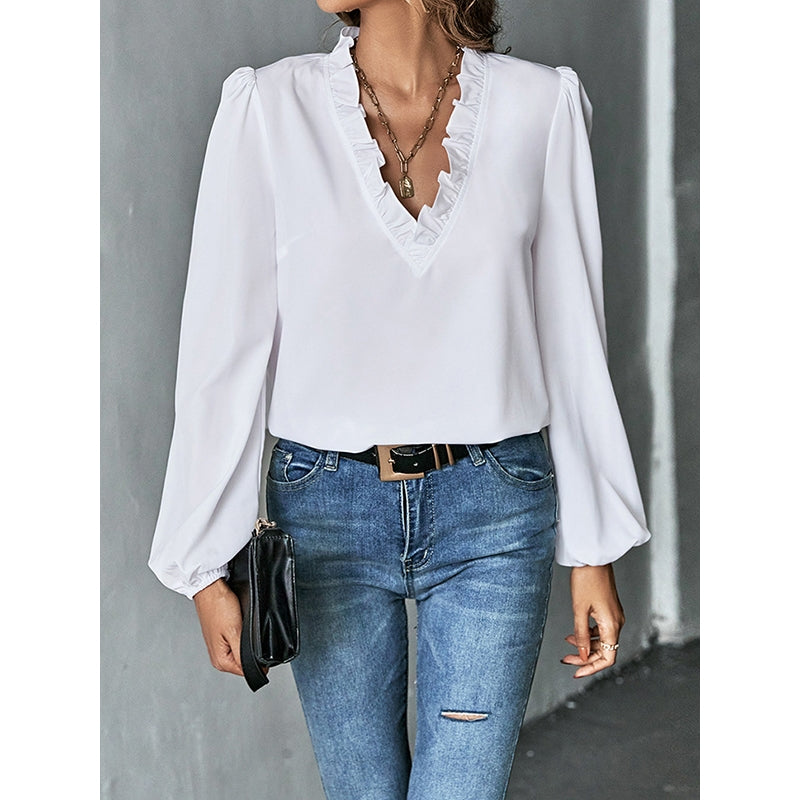 Long Sleeves Loose Ruffled Solid Color V-Neck Blouses&Shirts Tops