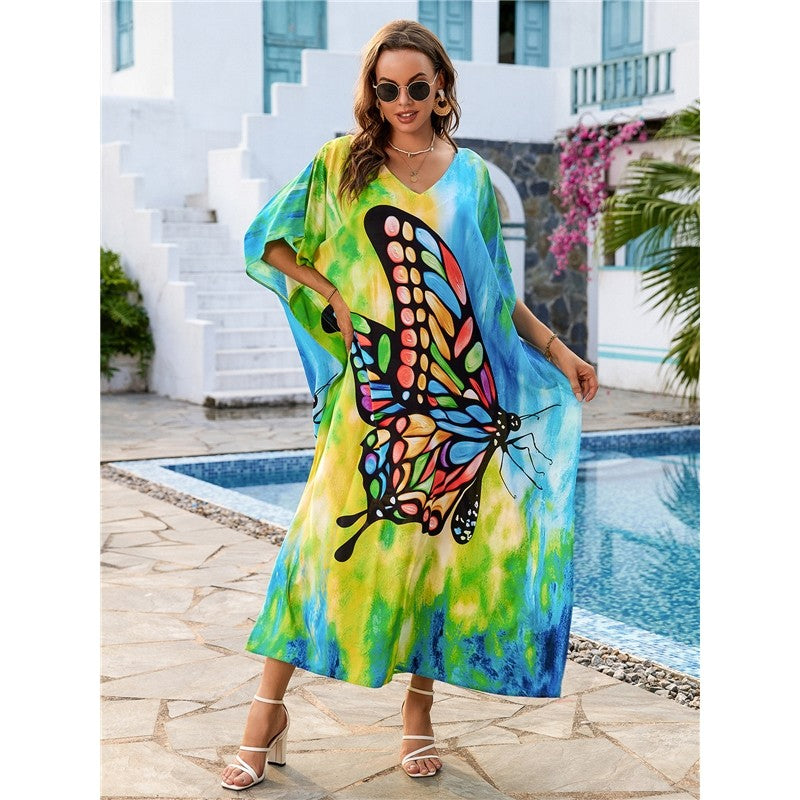 Contrast Color Butterfly Printing V-Neck Short Sleeve Long Beach Dress Bikini Cover-Up