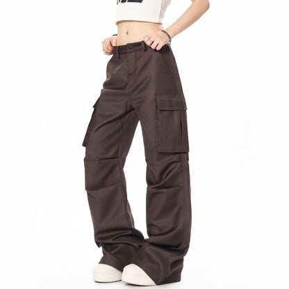 Multi-Pocket Pleated Flare Trousers Unisex Utility Style